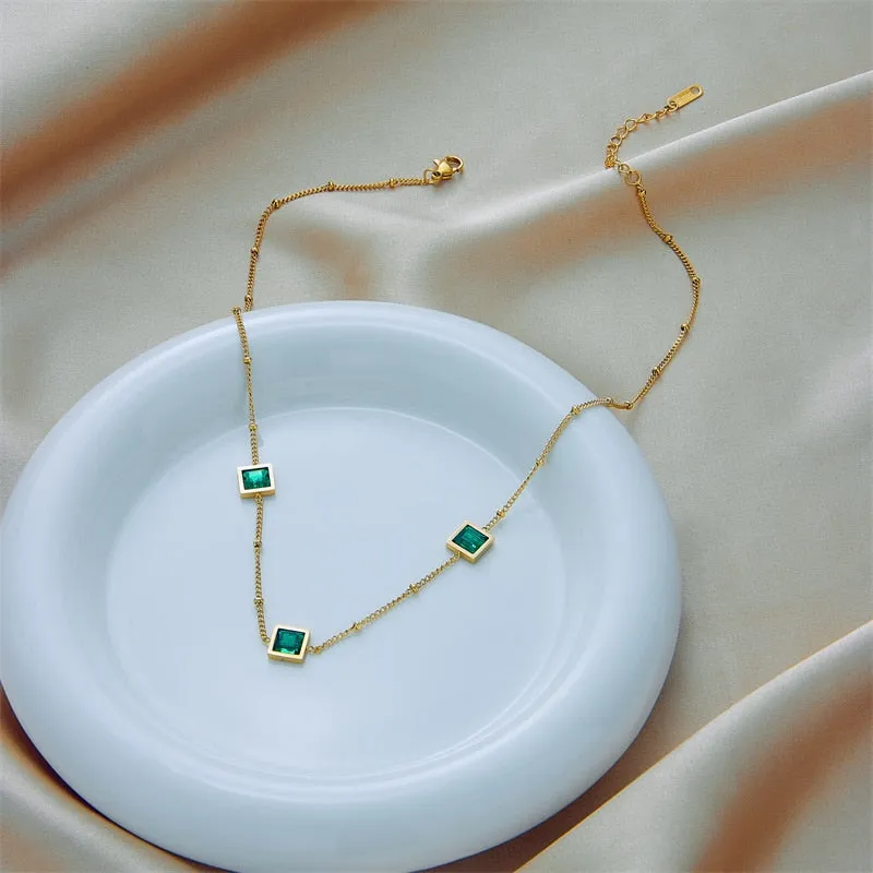 316L Stainless Steel Green Crystal Necklace For Women