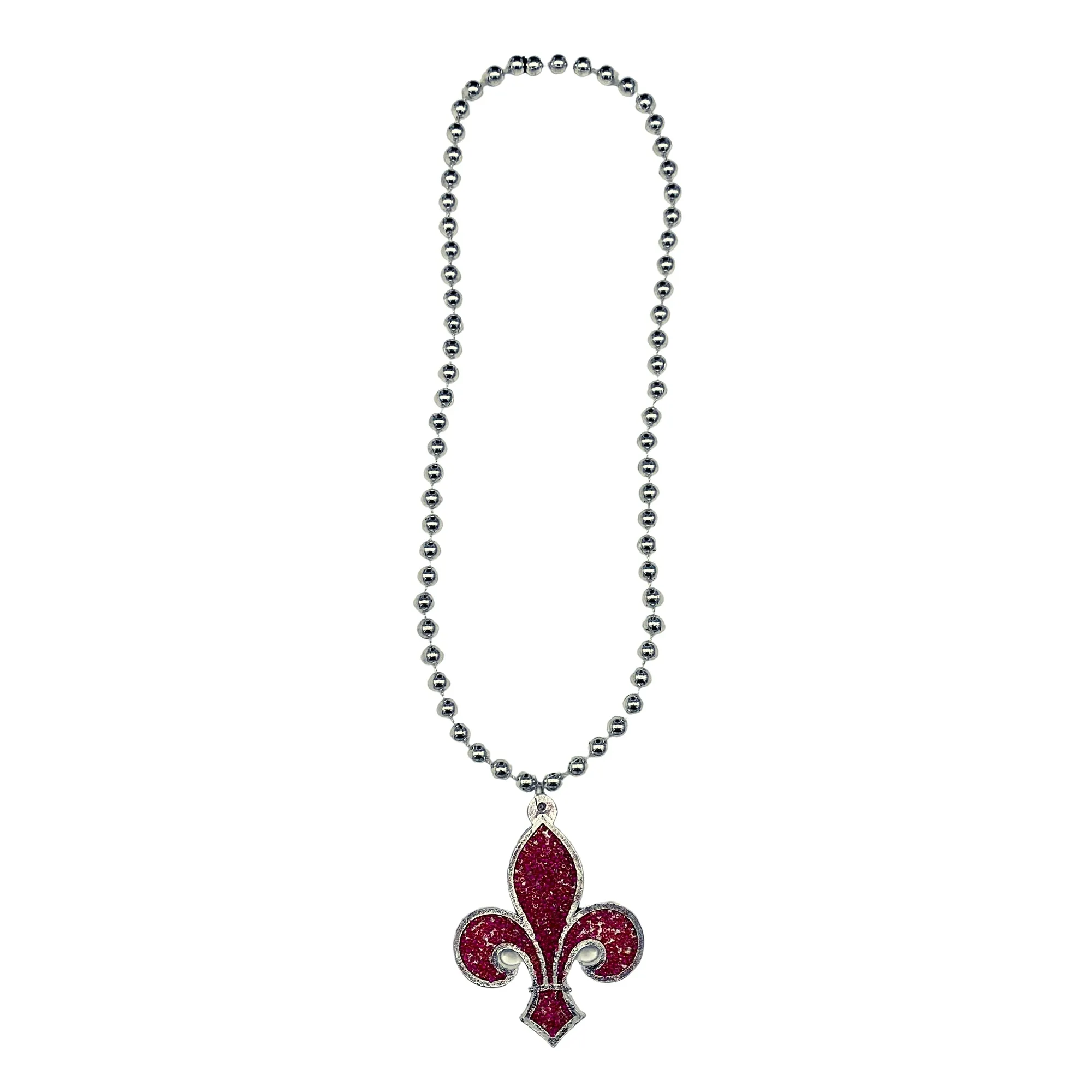 33" 10mm Silver Bead with Hot Pink Fleur de Lis Necklace (Each)