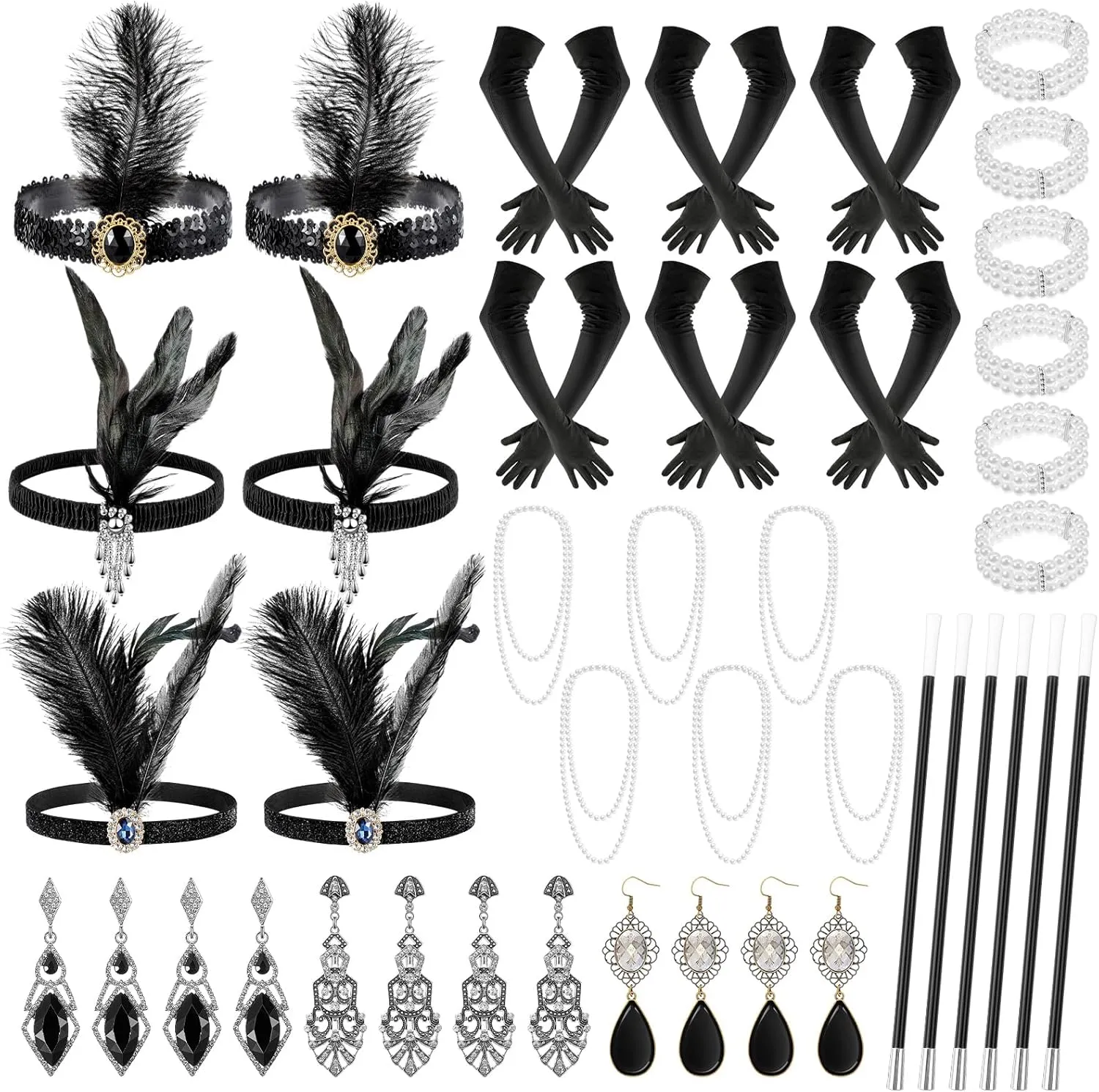 36 Pcs 1920s Flapper Accessories Set Costume Headpiece Bulk 20's Theme Party with Headband Pearl Bead Necklaces for Women Wedding Costume Tea