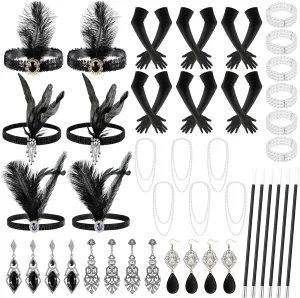36 Pcs 1920s Flapper Accessories Set Costume Headpiece Bulk 20's Theme Party with Headband Pearl Bead Necklaces for Women Wedding Costume Tea