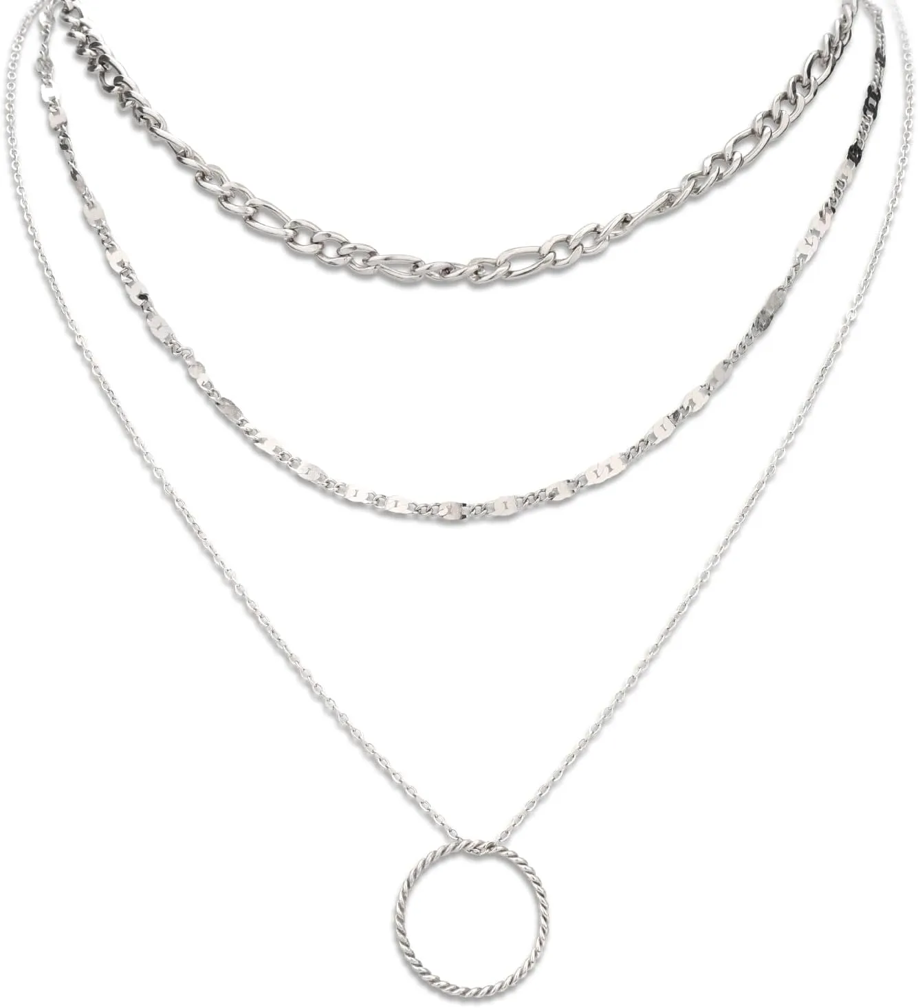3pcs Silver Multi Layered Necklaces for Women, Stackable Chain Layering Chain Necklace Dainty Necklace Circle Pendant Chain Trendy Jewelry Gifts for Women