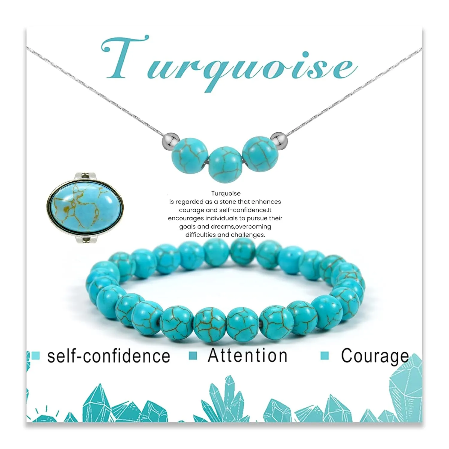 3PS Turquoise Jewelry for Women, Turquoise Necklace - Ring - Bracelet Set, 8MM Healing Crystals Beaded Bracelets December Birthstone Necklace Adjustable Rings, Inspirational Gifts for Women
