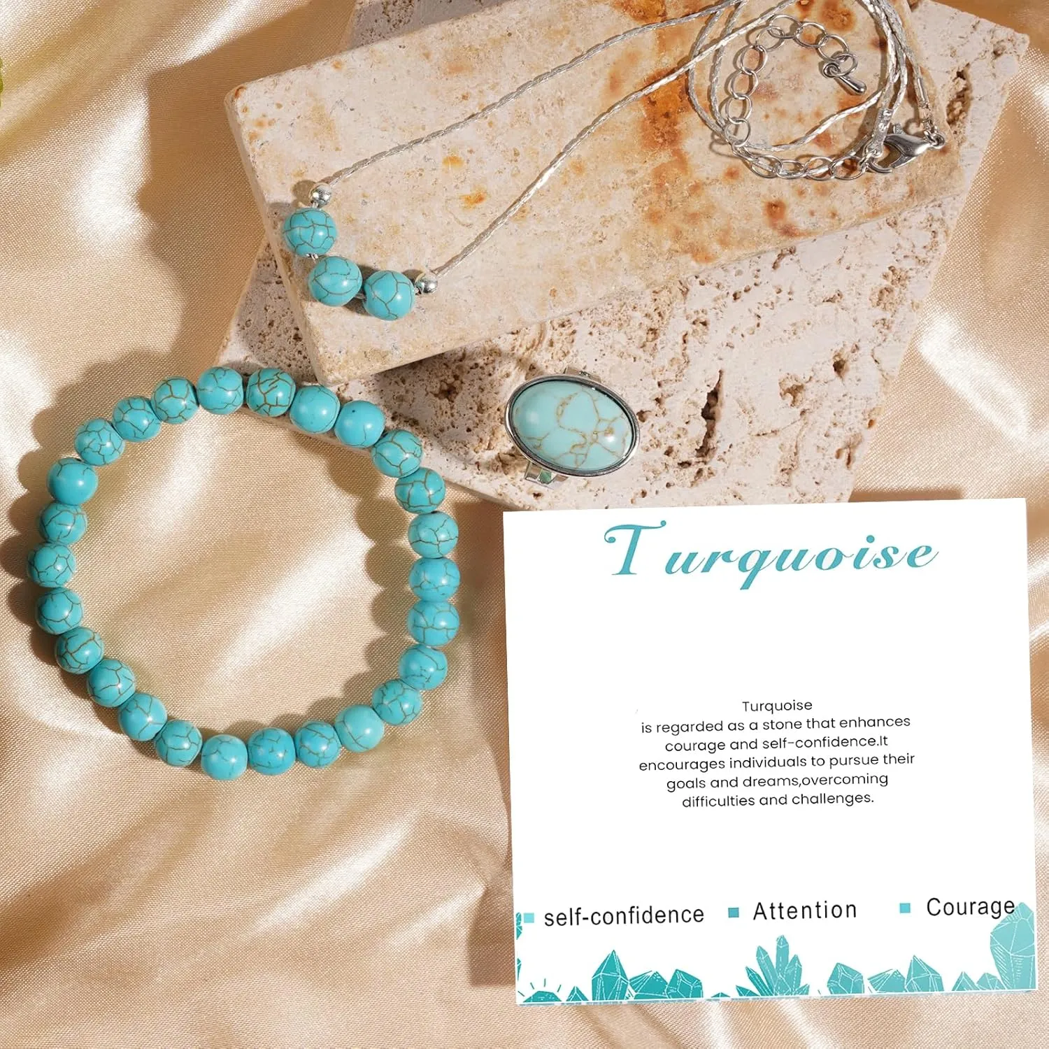 3PS Turquoise Jewelry for Women, Turquoise Necklace - Ring - Bracelet Set, 8MM Healing Crystals Beaded Bracelets December Birthstone Necklace Adjustable Rings, Inspirational Gifts for Women
