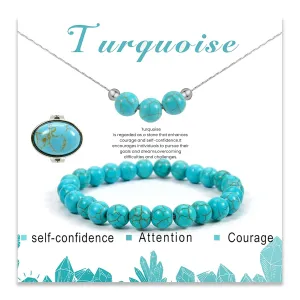 3PS Turquoise Jewelry for Women, Turquoise Necklace - Ring - Bracelet Set, 8MM Healing Crystals Beaded Bracelets December Birthstone Necklace Adjustable Rings, Inspirational Gifts for Women