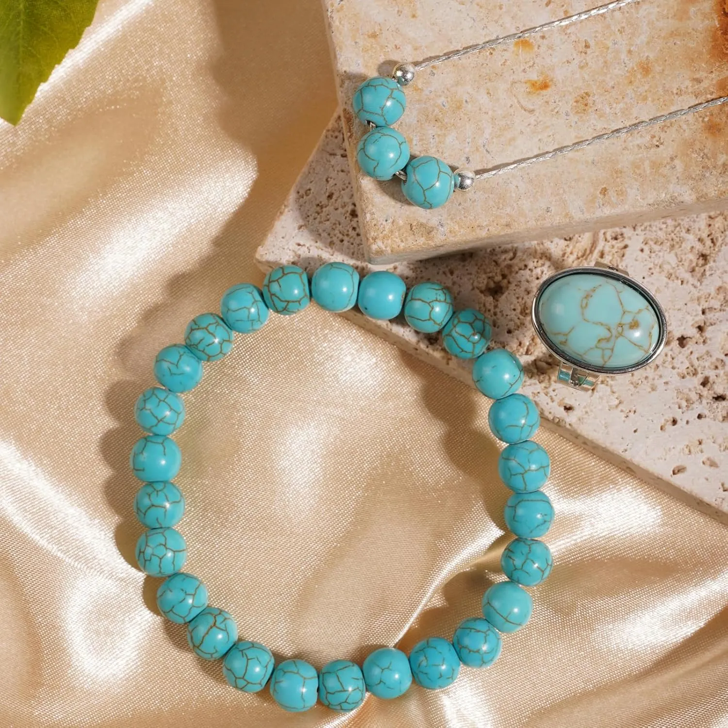 3PS Turquoise Jewelry for Women, Turquoise Necklace - Ring - Bracelet Set, 8MM Healing Crystals Beaded Bracelets December Birthstone Necklace Adjustable Rings, Inspirational Gifts for Women