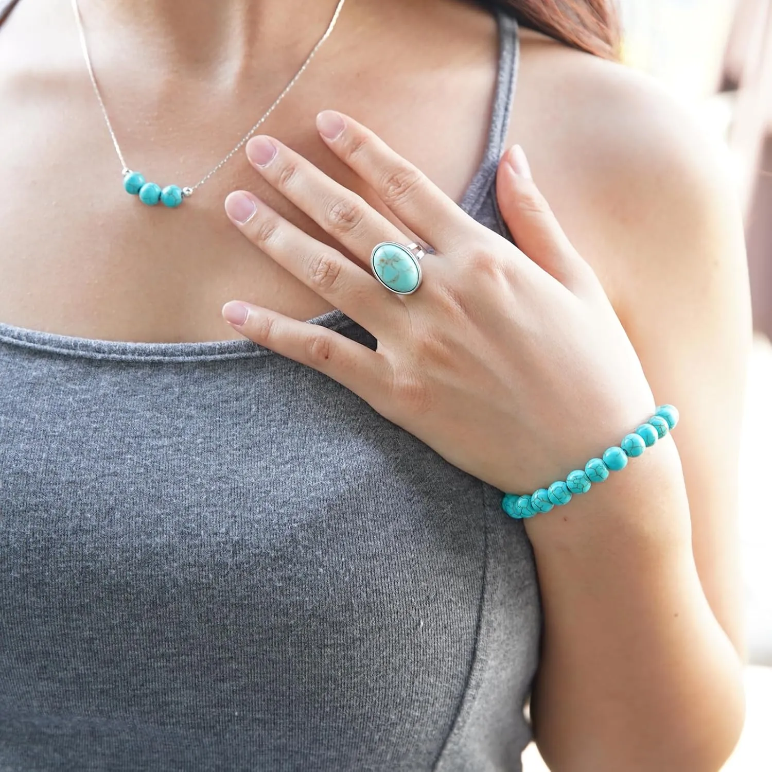 3PS Turquoise Jewelry for Women, Turquoise Necklace - Ring - Bracelet Set, 8MM Healing Crystals Beaded Bracelets December Birthstone Necklace Adjustable Rings, Inspirational Gifts for Women