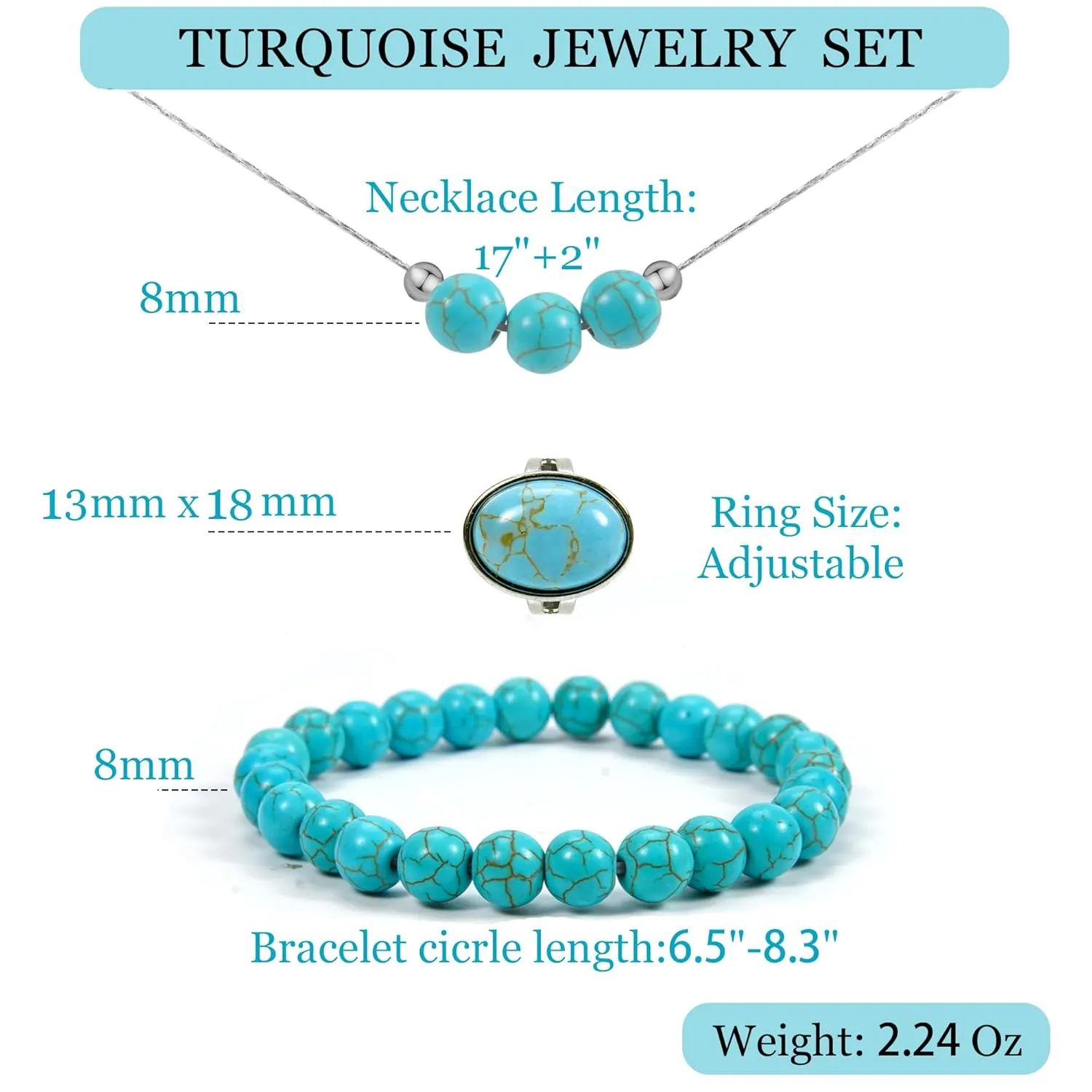 3PS Turquoise Jewelry for Women, Turquoise Necklace - Ring - Bracelet Set, 8MM Healing Crystals Beaded Bracelets December Birthstone Necklace Adjustable Rings, Inspirational Gifts for Women