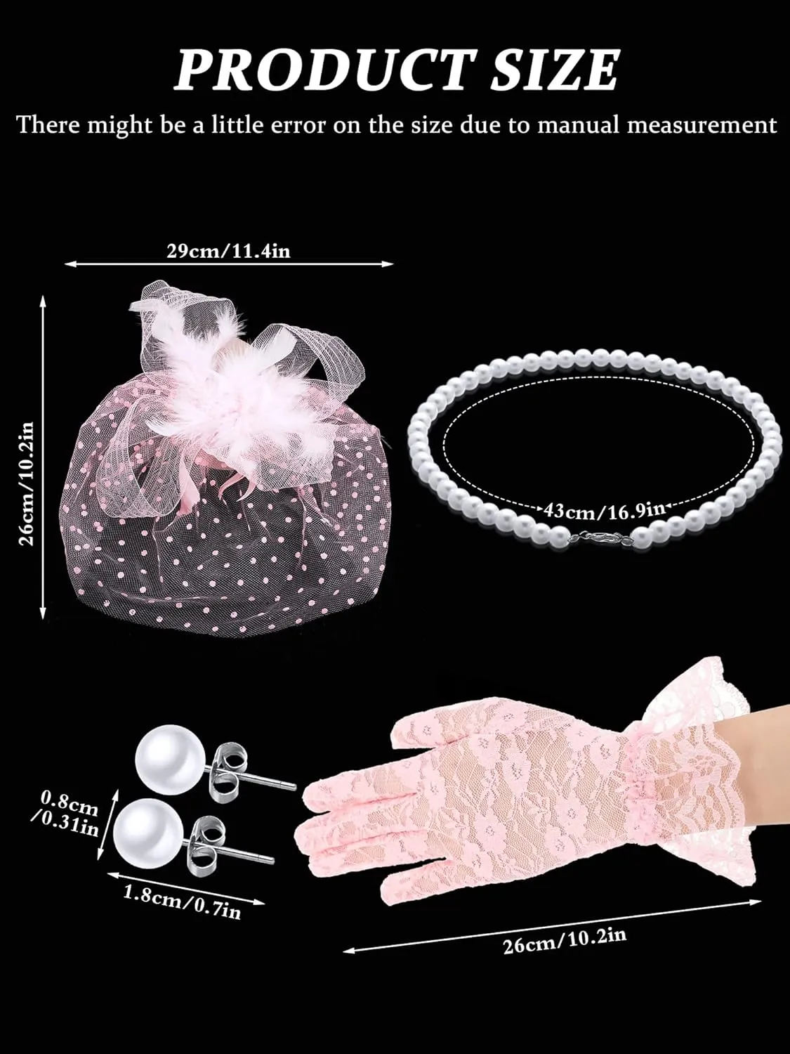 4 Pcs 50s Fascinators Hat for Women Tea Party with Short Lace Gloves Pearl Necklace Earrings for Christmas Funeral