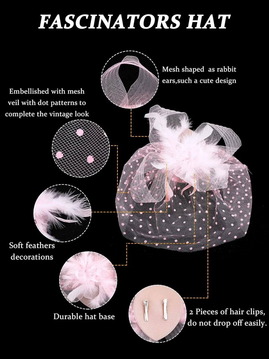 4 Pcs 50s Fascinators Hat for Women Tea Party with Short Lace Gloves Pearl Necklace Earrings for Christmas Funeral