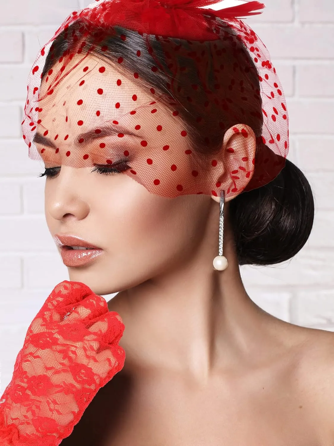 4 Pcs 50s Fascinators Hat for Women Tea Party with Short Lace Gloves Pearl Necklace Earrings for Christmas Funeral