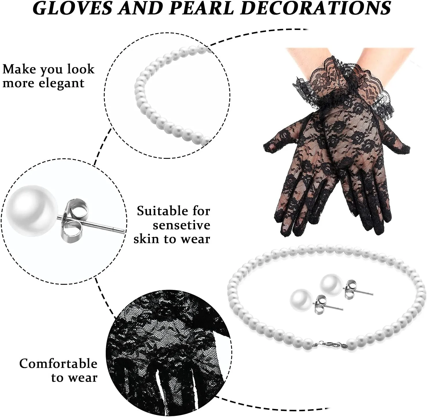 4 Pcs 50s Fascinators Hat for Women Tea Party with Short Lace Gloves Pearl Necklace Earrings for Christmas Funeral