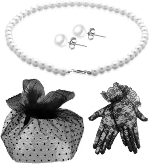 4 Pcs 50s Fascinators Hat for Women Tea Party with Short Lace Gloves Pearl Necklace Earrings for Christmas Funeral
