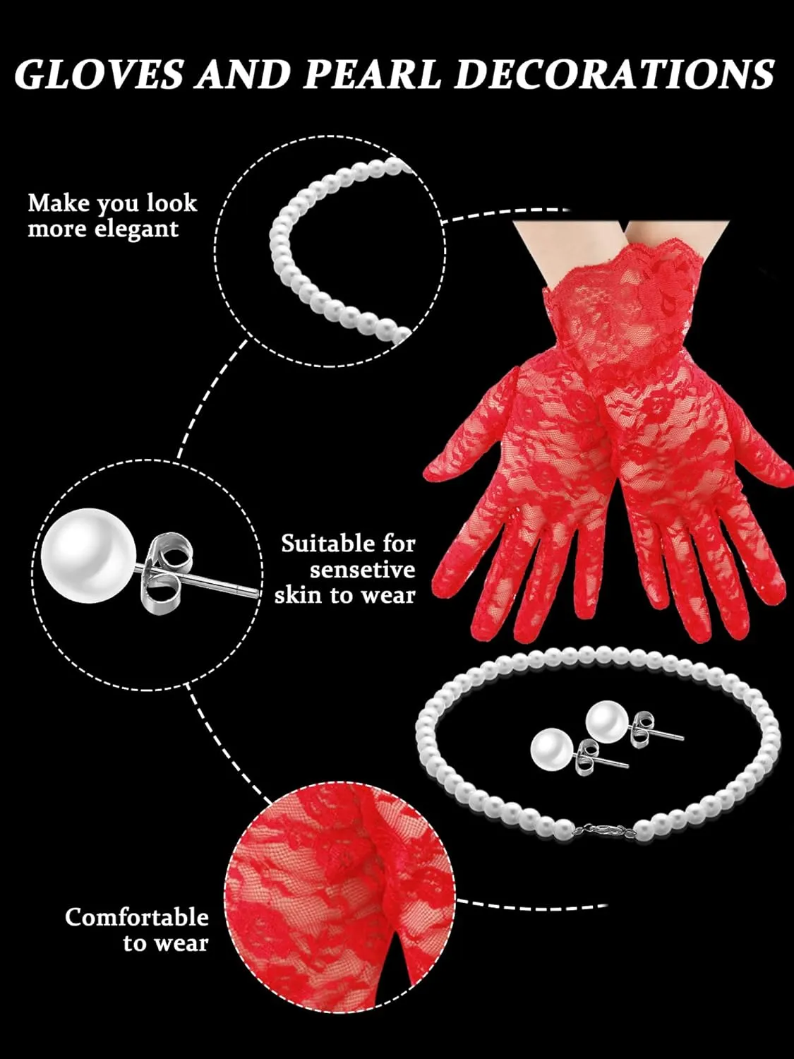 4 Pcs 50s Fascinators Hat for Women Tea Party with Short Lace Gloves Pearl Necklace Earrings for Christmas Funeral