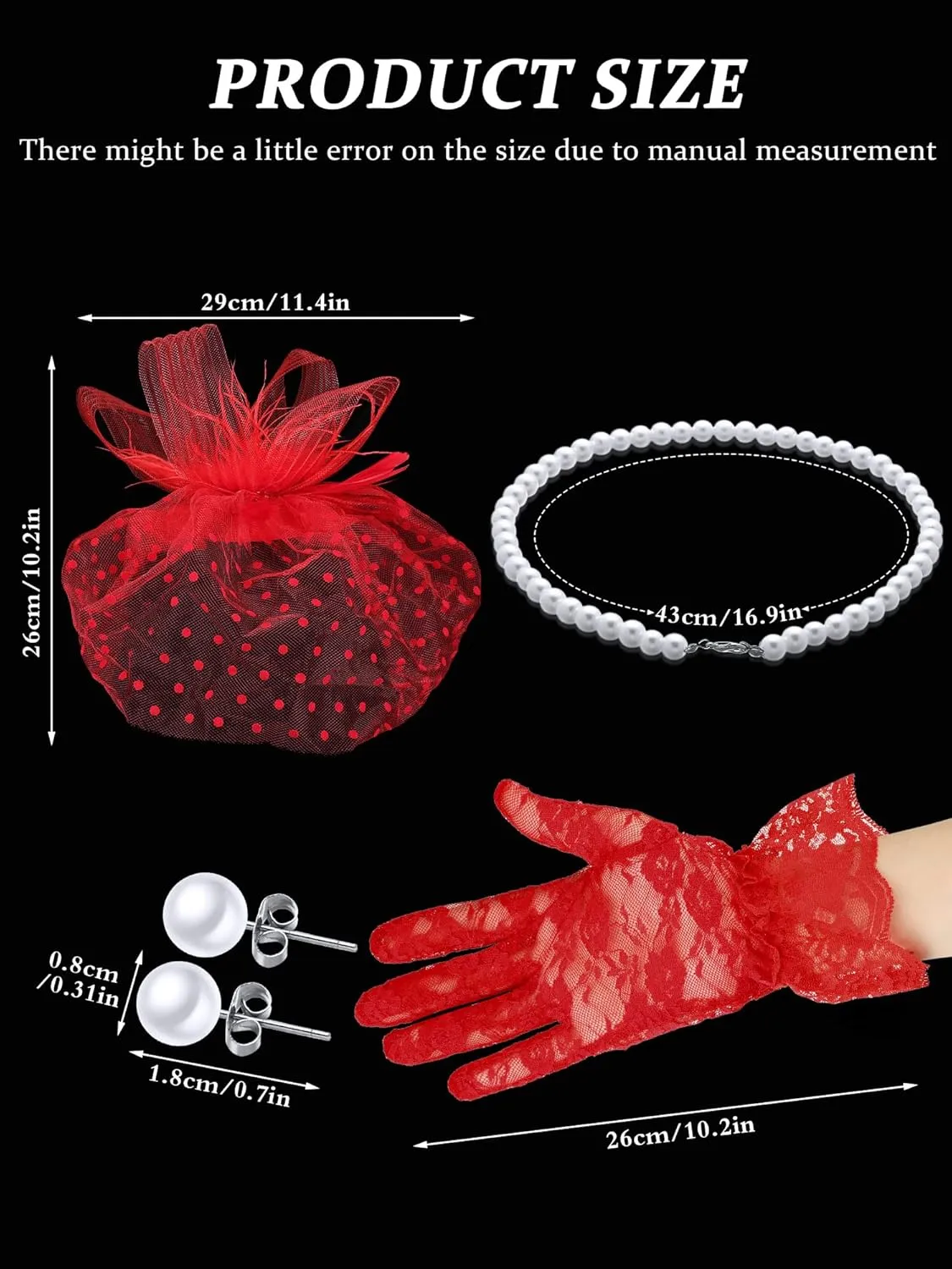 4 Pcs 50s Fascinators Hat for Women Tea Party with Short Lace Gloves Pearl Necklace Earrings for Christmas Funeral