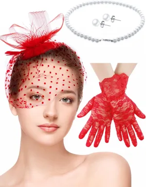 4 Pcs 50s Fascinators Hat for Women Tea Party with Short Lace Gloves Pearl Necklace Earrings for Christmas Funeral