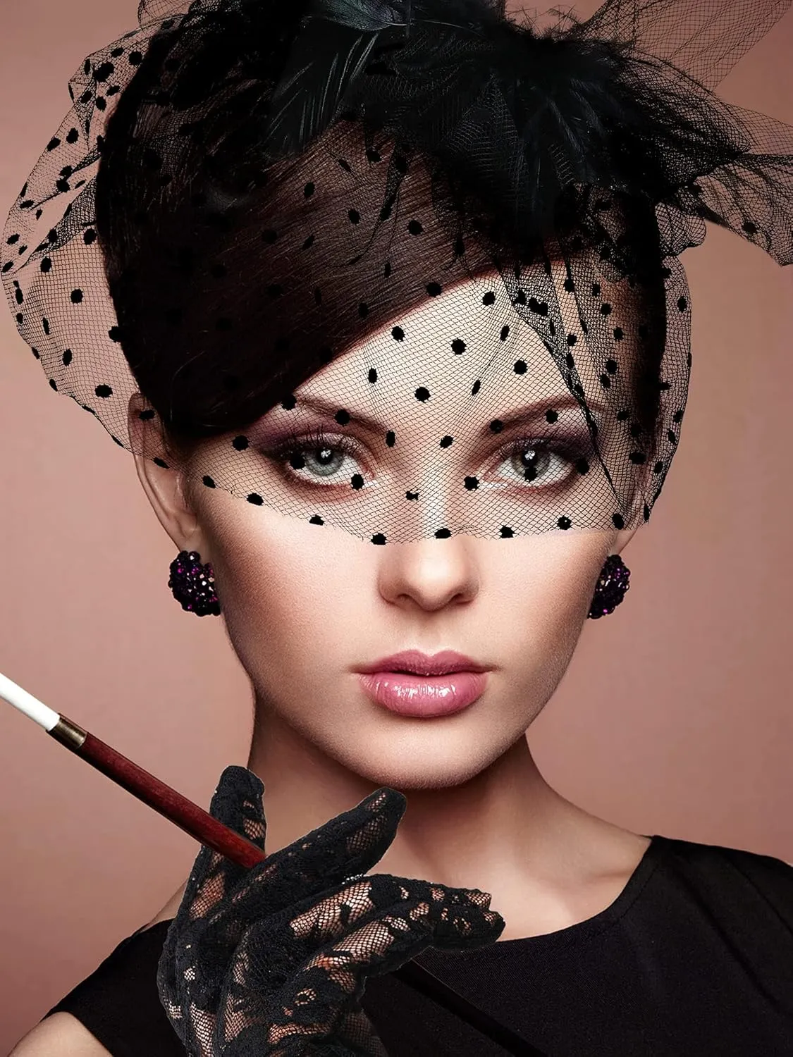 4 Pcs 50s Fascinators Hat for Women Tea Party with Short Lace Gloves Pearl Necklace Earrings for Christmas Funeral