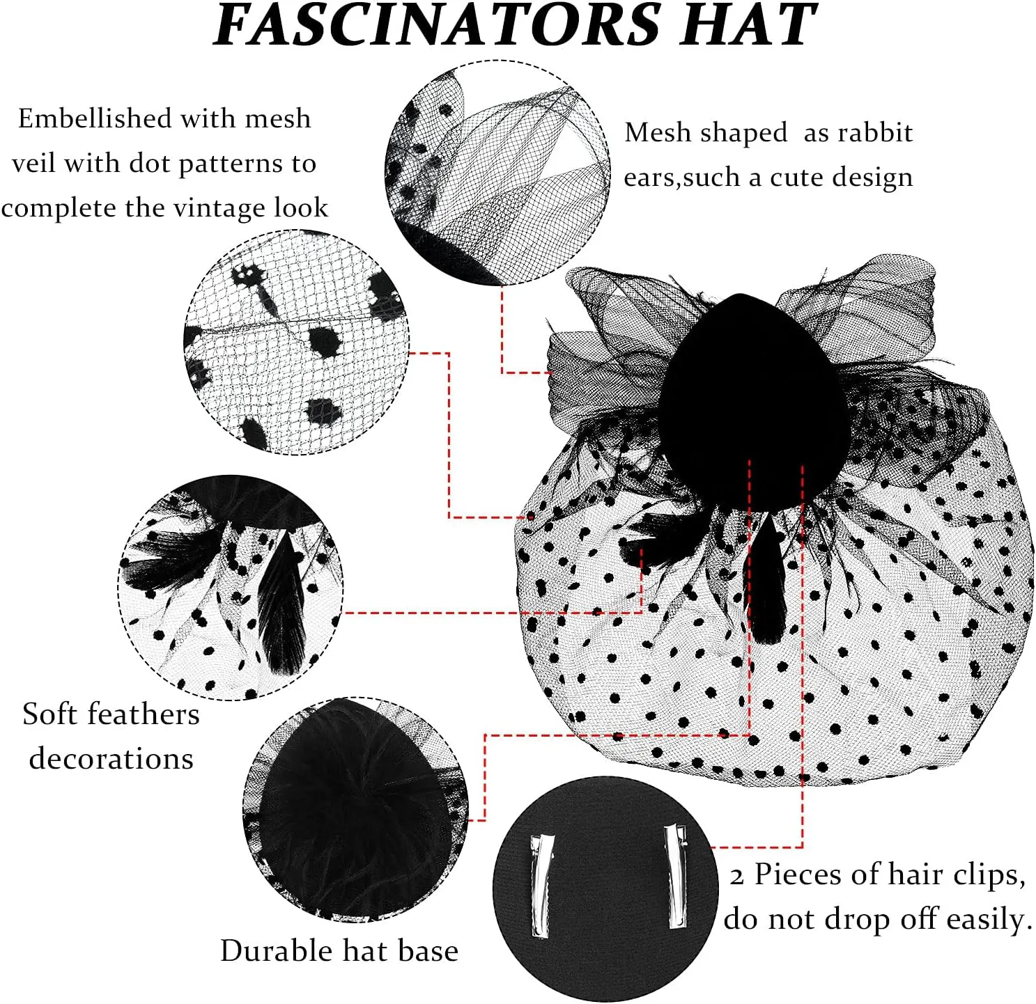 4 Pcs 50s Fascinators Hat for Women Tea Party with Short Lace Gloves Pearl Necklace Earrings for Christmas Funeral