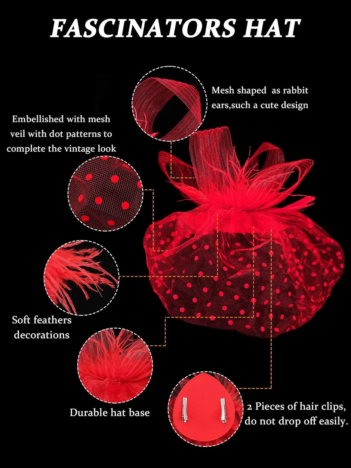 4 Pcs 50s Fascinators Hat for Women Tea Party with Short Lace Gloves Pearl Necklace Earrings for Christmas Funeral