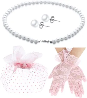 4 Pcs 50s Fascinators Hat for Women Tea Party with Short Lace Gloves Pearl Necklace Earrings for Christmas Funeral