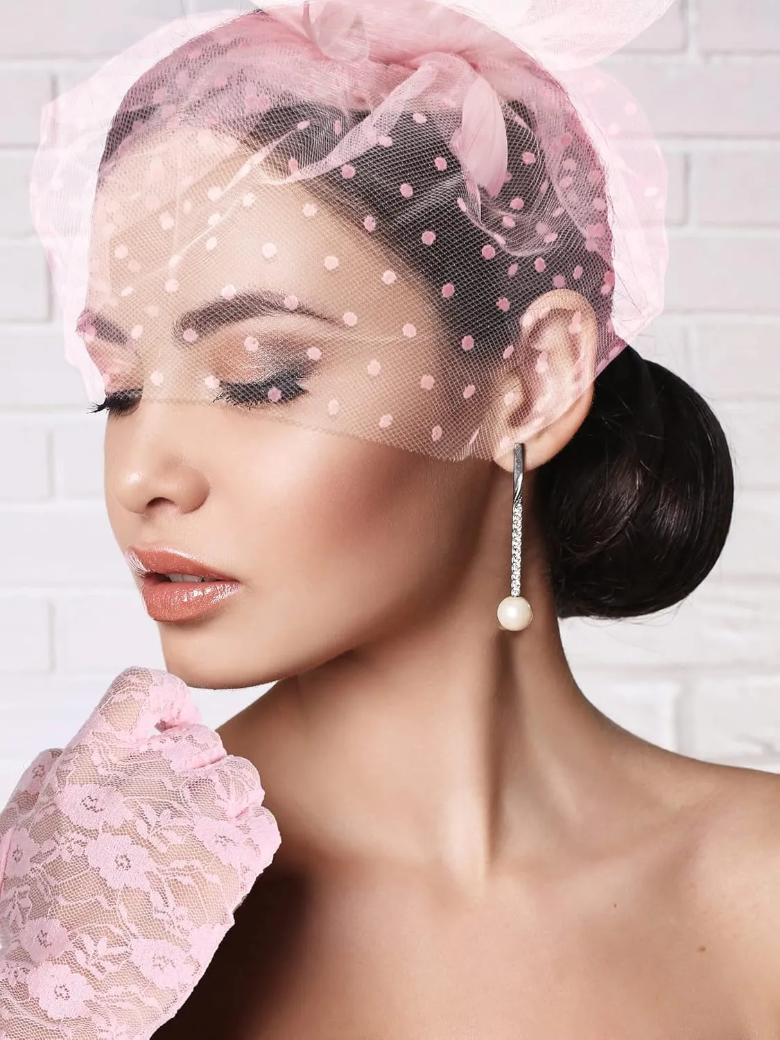 4 Pcs 50s Fascinators Hat for Women Tea Party with Short Lace Gloves Pearl Necklace Earrings for Christmas Funeral