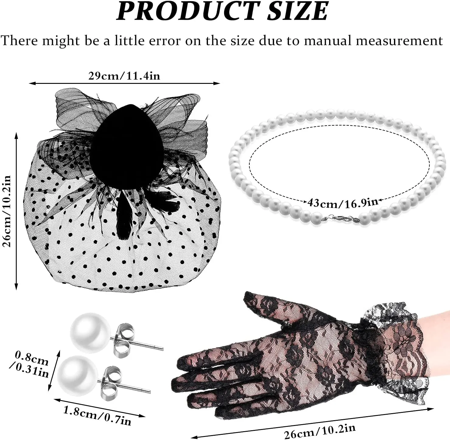 4 Pcs 50s Fascinators Hat for Women Tea Party with Short Lace Gloves Pearl Necklace Earrings for Christmas Funeral