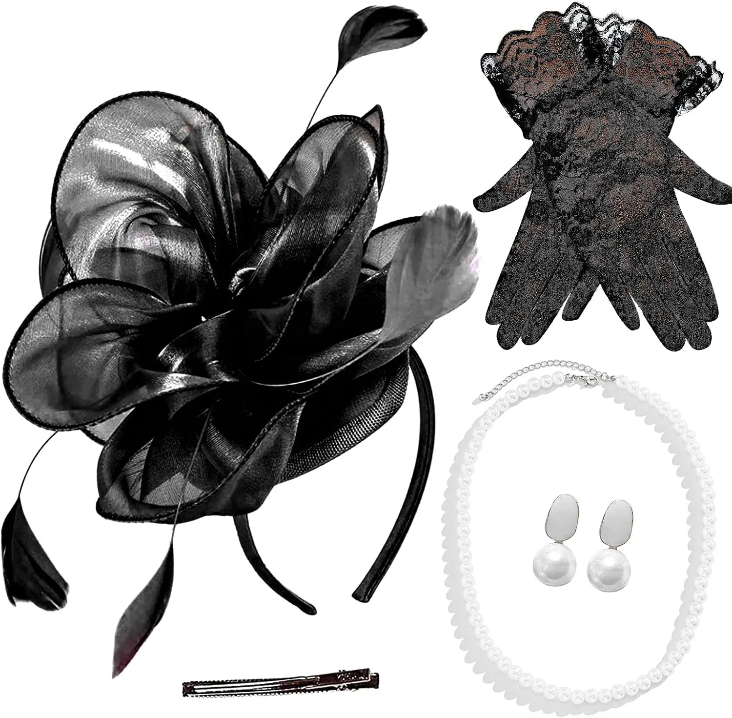 4 PCS Fascinators Hat Wedding Cocktail Tea Party Headwear with Lace Gloves Pearl Necklace Earrings
