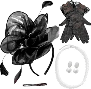 4 PCS Fascinators Hat Wedding Cocktail Tea Party Headwear with Lace Gloves Pearl Necklace Earrings