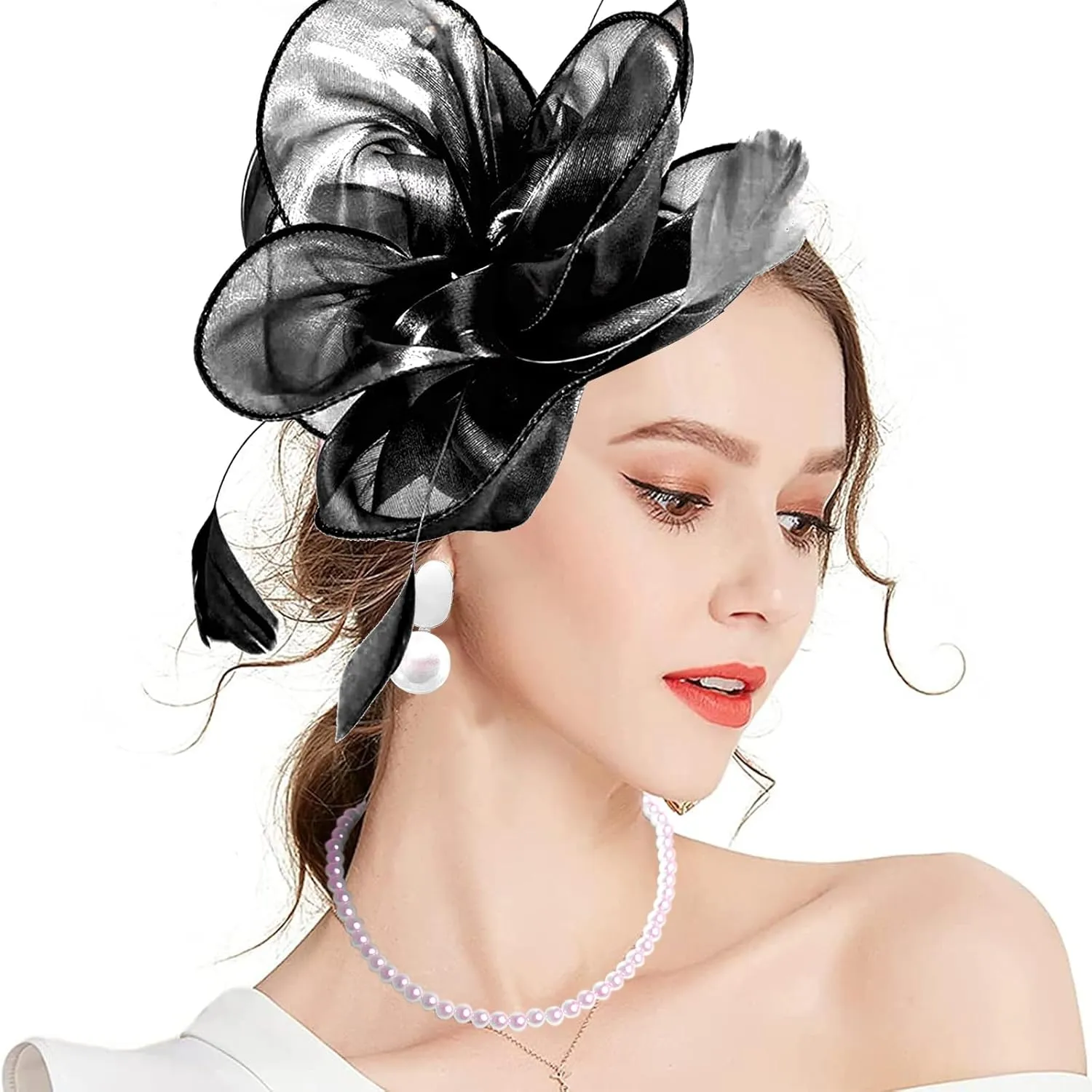 4 PCS Fascinators Hat Wedding Cocktail Tea Party Headwear with Lace Gloves Pearl Necklace Earrings