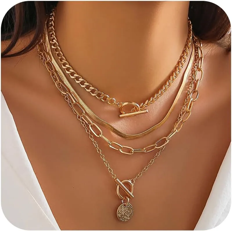 4 Pcs Gold Layered Necklaces for Women Chunky Layered Gold Chain Necklaces Trendy Paperclip Herringbone Toggle Clasp Neck Chain Statement Neck Jewelry Accessories