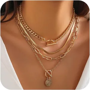 4 Pcs Gold Layered Necklaces for Women Chunky Layered Gold Chain Necklaces Trendy Paperclip Herringbone Toggle Clasp Neck Chain Statement Neck Jewelry Accessories