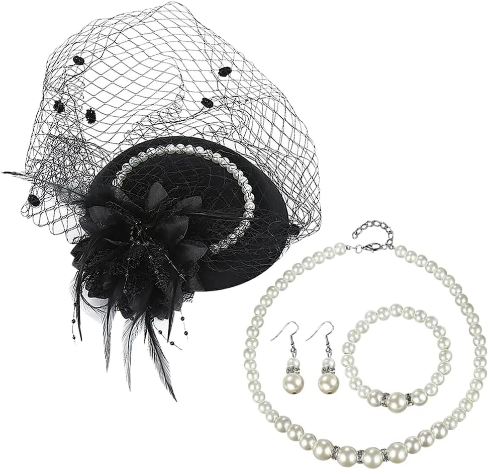 4 Pcs Mesh Feather Fascinator Hat Tea Party Hat with Veil Faux Pearl Necklace and Bracelet Earrings Set Ladies Clip Fascinator Hat Cocktail Party Headwear Elegant Fascinator Accessories Black