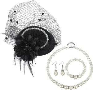 4 Pcs Mesh Feather Fascinator Hat Tea Party Hat with Veil Faux Pearl Necklace and Bracelet Earrings Set Ladies Clip Fascinator Hat Cocktail Party Headwear Elegant Fascinator Accessories Black