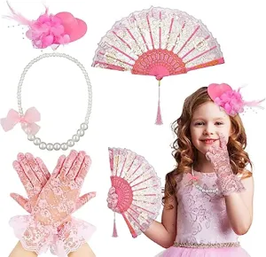 4 Pieces 20s Vintage Tea Party Accessories Set Small Hat Mesh Lace Gloves And Imitation Pearl Necklace Set For Girl Kids