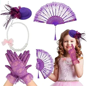 4 Pieces 20s Vintage Tea Party Accessories Set Small Hat Mesh Lace Gloves And Imitation Pearl Necklace Set For Girl Kids