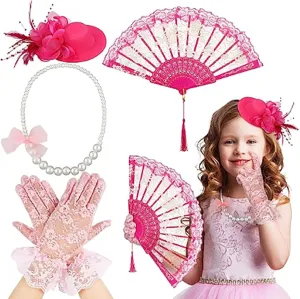 4 Pieces 20s Vintage Tea Party Accessories Set Small Hat Mesh Lace Gloves And Imitation Pearl Necklace Set For Girl Kids