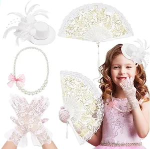 4 Pieces 20s Vintage Tea Party Accessories Set Small Hat Mesh Lace Gloves And Imitation Pearl Necklace Set For Girl Kids