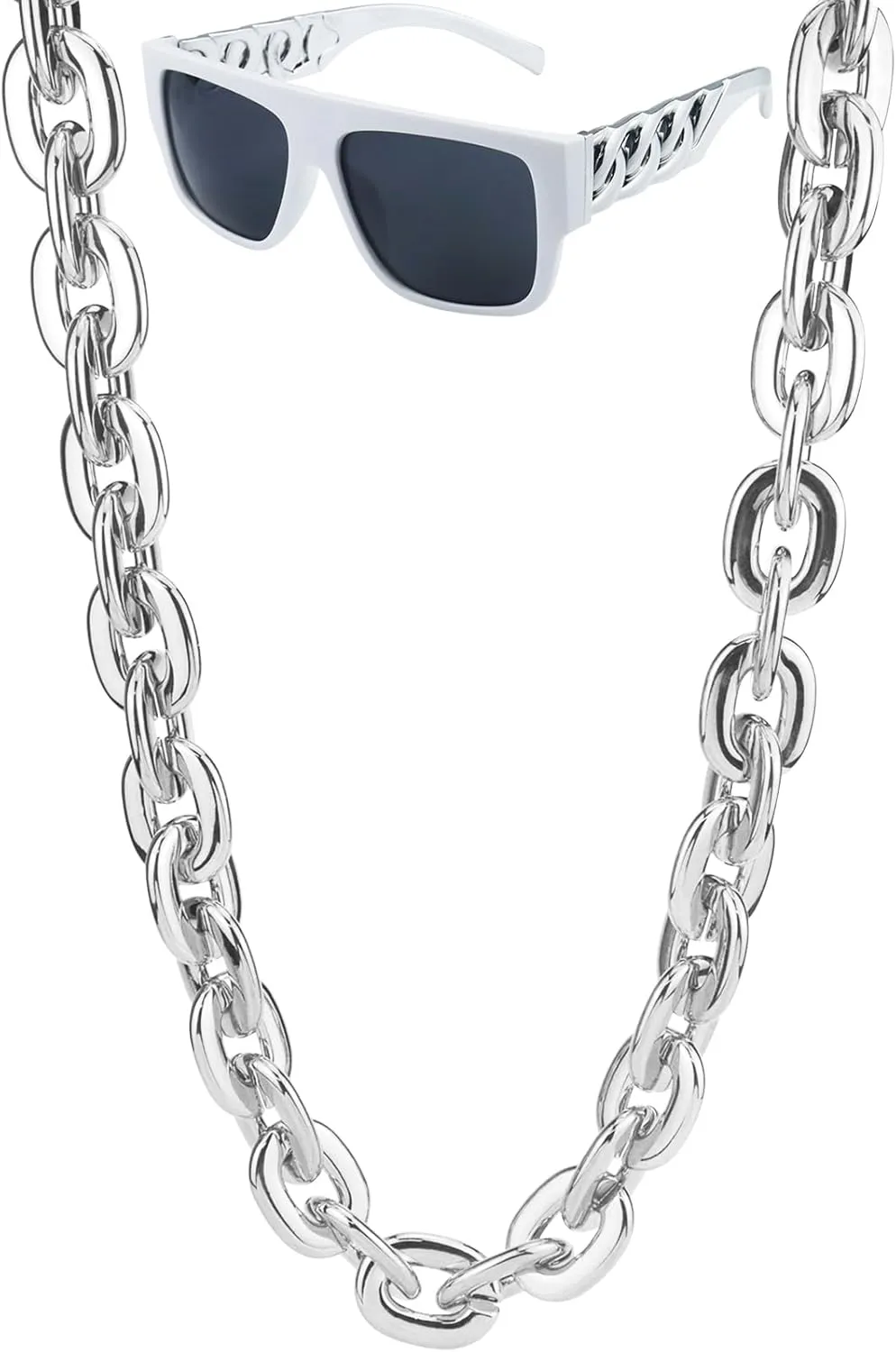 40inch/101cm Big Chunky Fake Gold Chain with Twist Leg Punk Sunglasses, Hip Hop Rapper Costume Plastic Jewelry Necklace, 2Pack 80s 90s Party Costume Accessory for Men Women