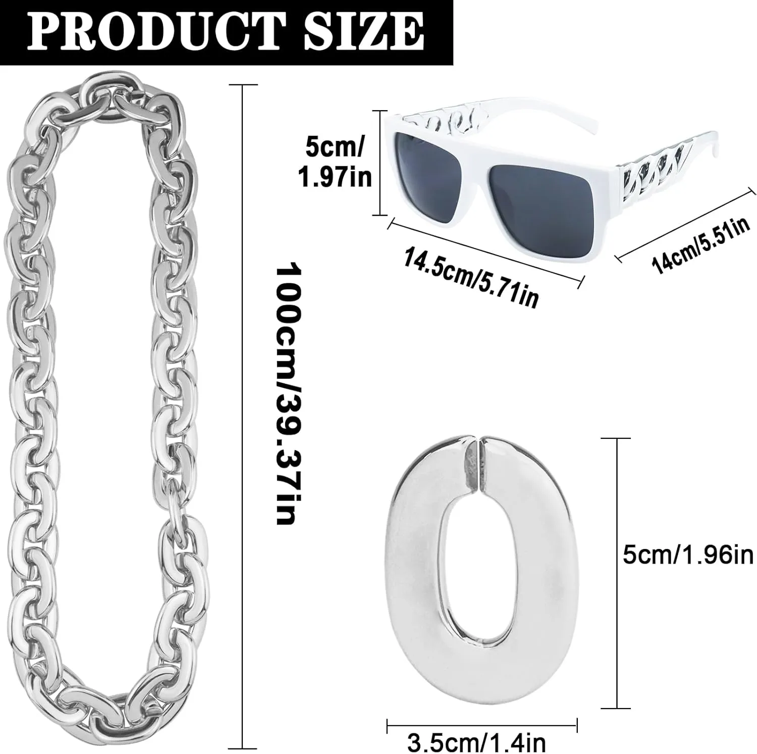 40inch/101cm Big Chunky Fake Gold Chain with Twist Leg Punk Sunglasses, Hip Hop Rapper Costume Plastic Jewelry Necklace, 2Pack 80s 90s Party Costume Accessory for Men Women