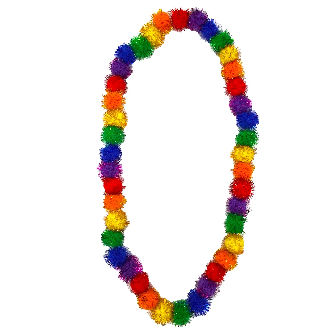42" Rainbow Tinsel Pom Pom Necklace (Each)