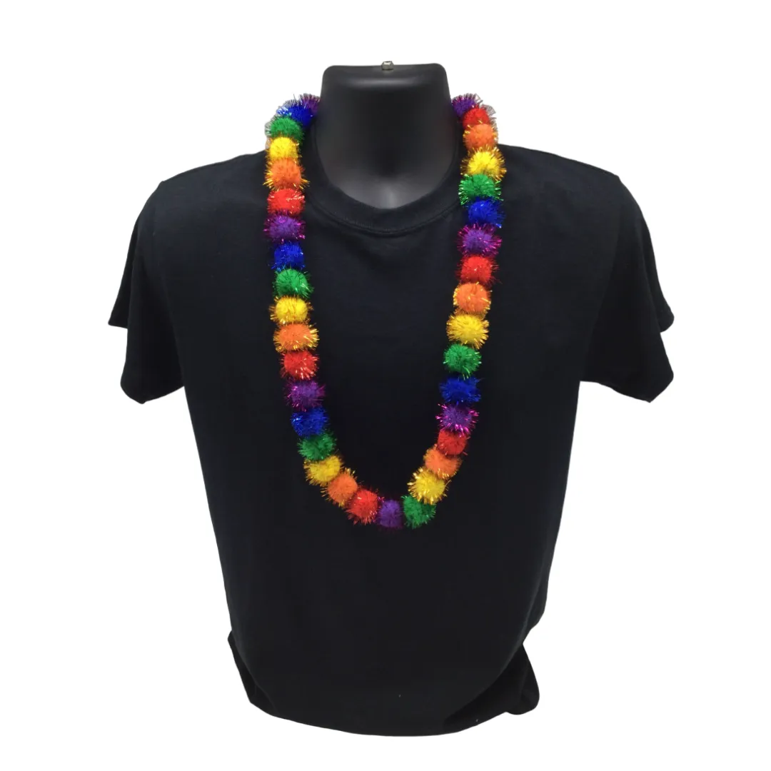 42" Rainbow Tinsel Pom Pom Necklace (Each)