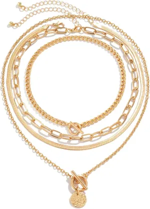 4pcs Layered Gold Necklaces for Women Chunky Gold Herringbone Paperclip Chain Necklace Vintage Heart Coin Medallion Pendant Necklace Dainty Cuban Chain Toggle Clasp Jewelry Gifts