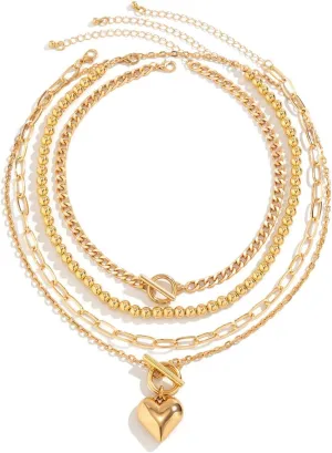 4pcs Layered Gold Necklaces Stack for Women Layered Chunky Gold Necklaces Herringbone Paperclip Chain Necklace Retro Coin Peach Heart Star Pendant Dainty Cuban Chain Toggle Clasp Jewelry Gifts for Women
