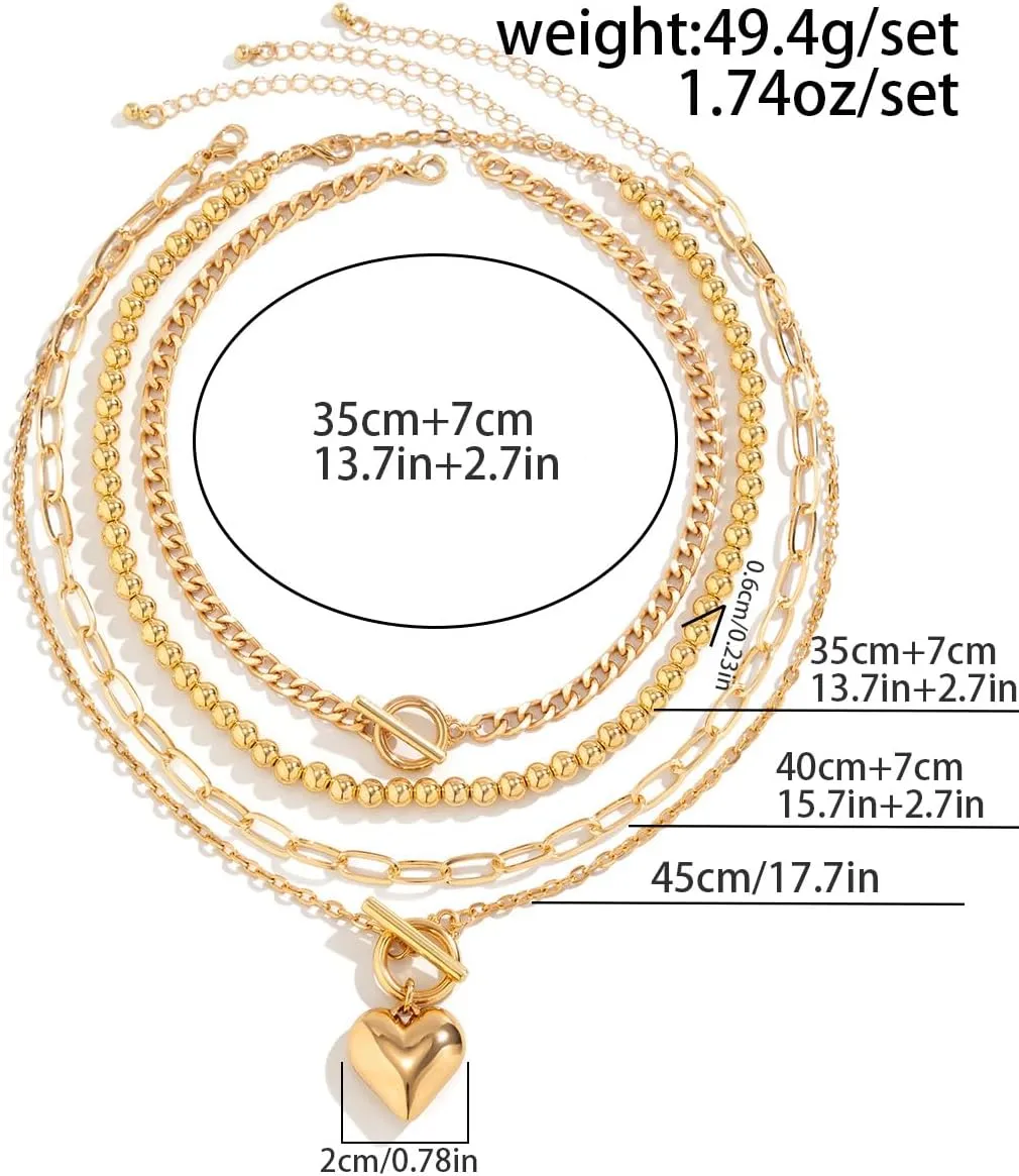 4pcs Layered Gold Necklaces Stack for Women Layered Chunky Gold Necklaces Herringbone Paperclip Chain Necklace Retro Coin Peach Heart Star Pendant Dainty Cuban Chain Toggle Clasp Jewelry Gifts for Women