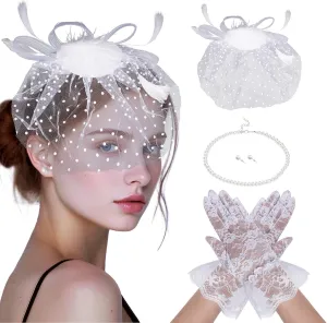 4Pcs Tea Party Fascinators Hats for Women with White Short Lace Gloves Pearl Necklace Earrings for Cocktail Wedding Halloween Fancy Dress Party