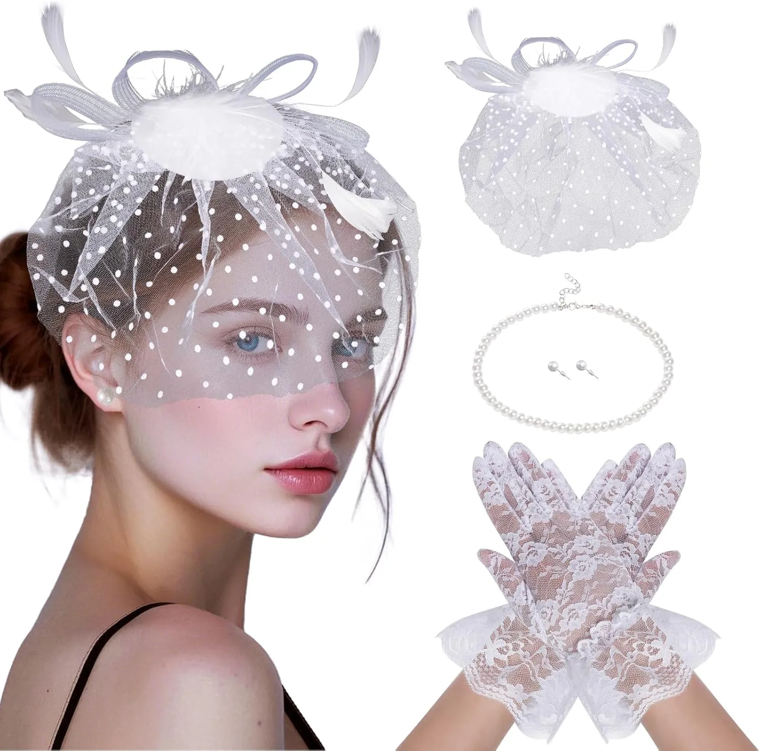 4Pcs Tea Party Fascinators Hats for Women with White Short Lace Gloves Pearl Necklace Earrings for Cocktail Wedding Halloween Fancy Dress Party
