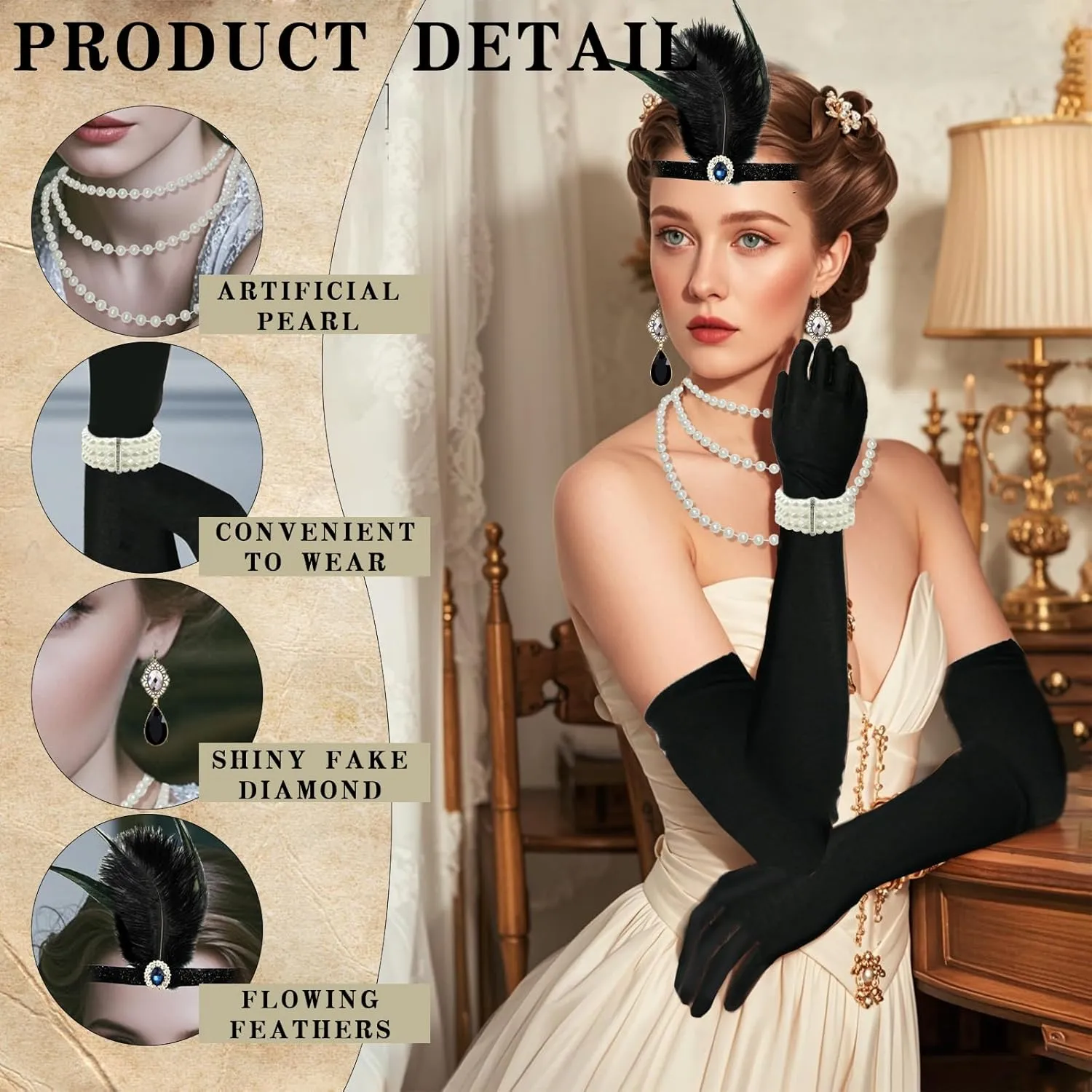 4PCS Womens 1920s Masquerade Vintage Costume Accessories Set Feather Headpiece Pearl Necklace Gloves Earrings