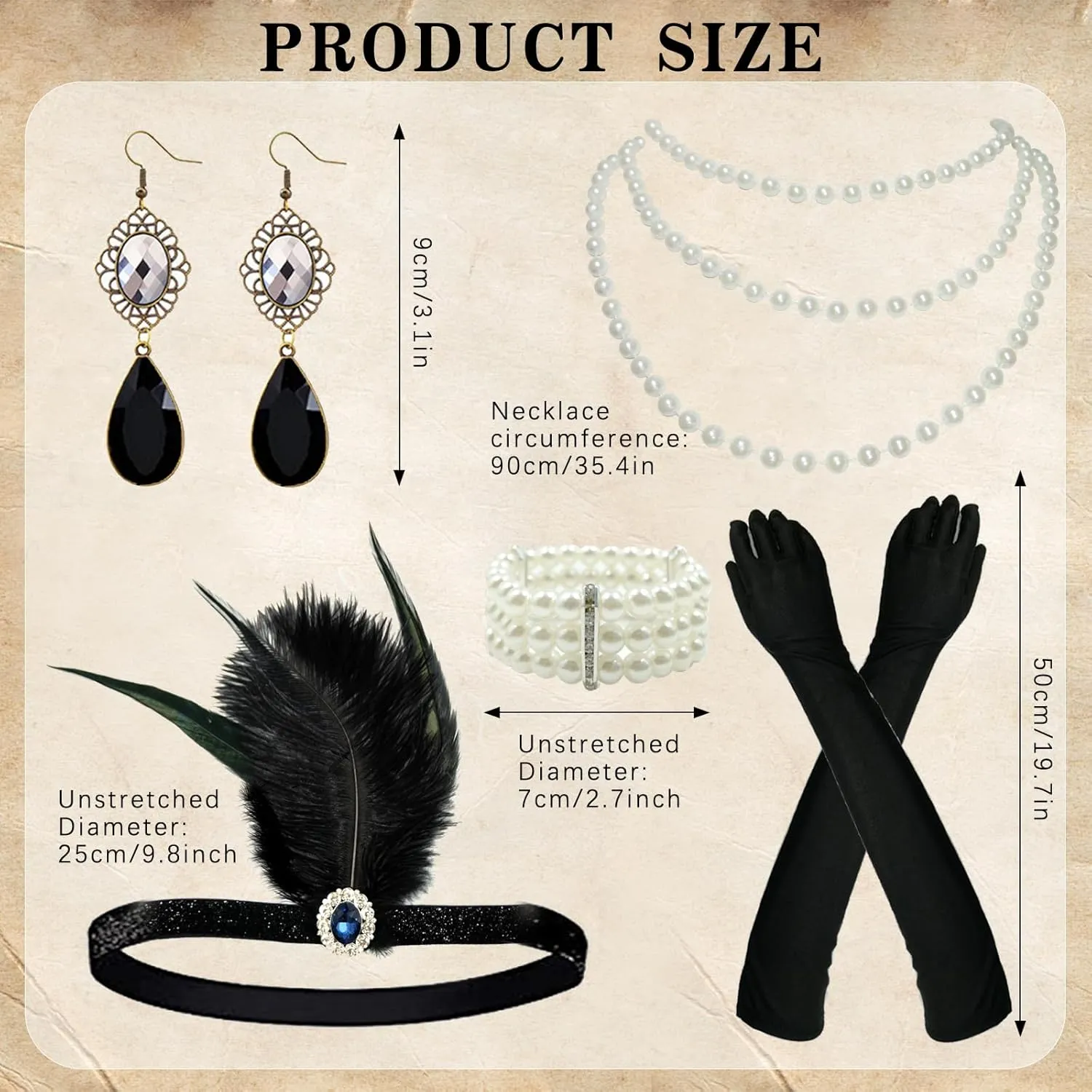 4PCS Womens 1920s Masquerade Vintage Costume Accessories Set Feather Headpiece Pearl Necklace Gloves Earrings