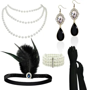 4PCS Womens 1920s Masquerade Vintage Costume Accessories Set Feather Headpiece Pearl Necklace Gloves Earrings