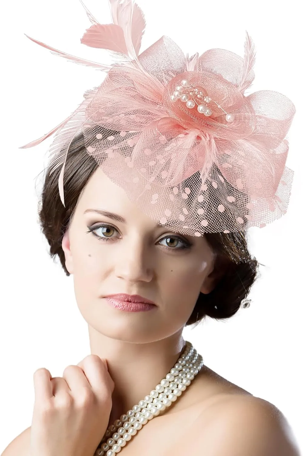 5 Pack Fascinators Hat for Women Tea Party Veil Mesh Headband Feather Derby Hat Lace Gloves Pearl Jewelry Set for 1920s Party