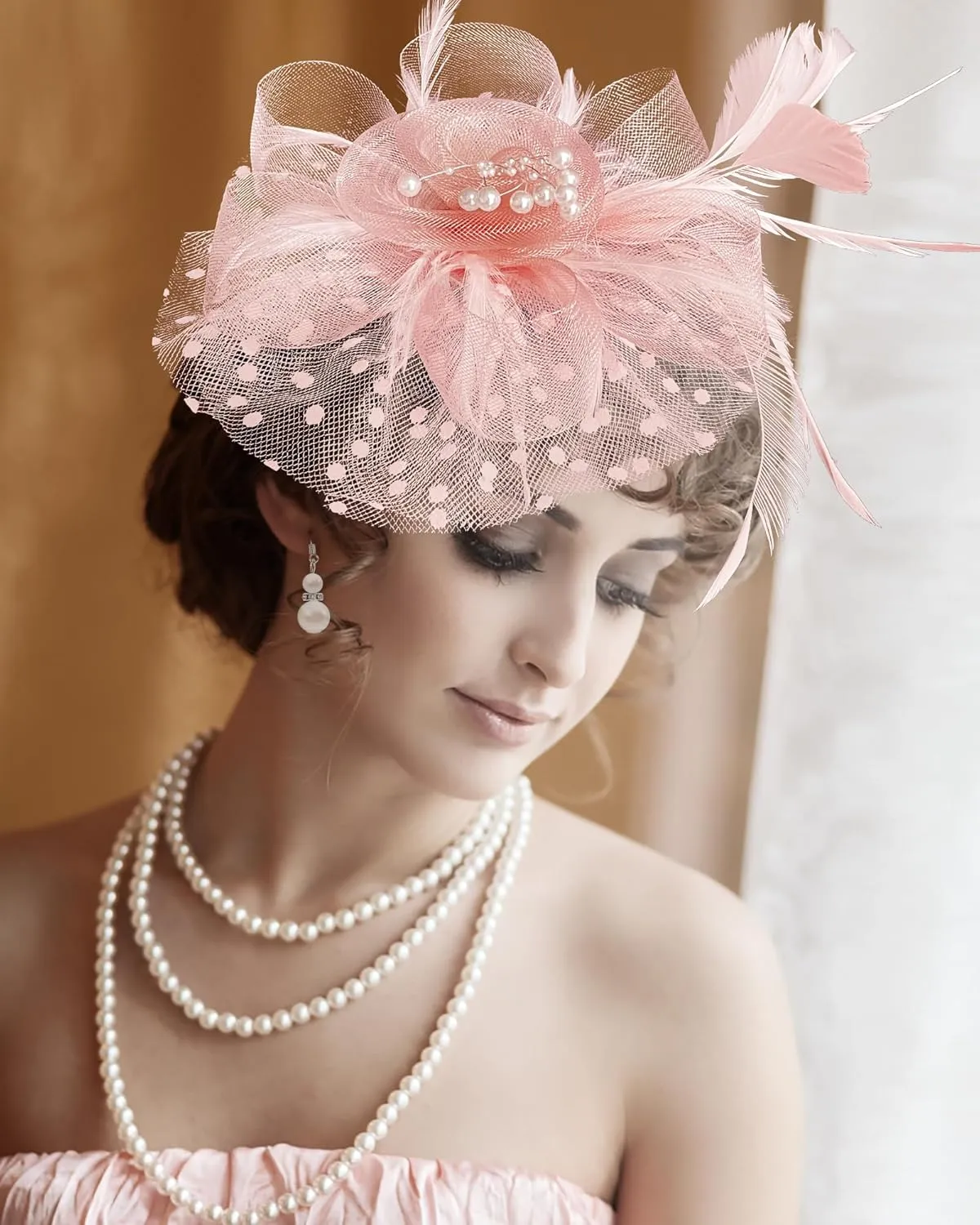 5 Pack Fascinators Hat for Women Tea Party Veil Mesh Headband Feather Derby Hat Lace Gloves Pearl Jewelry Set for 1920s Party